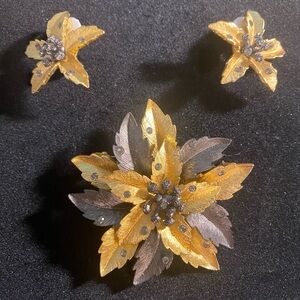 Joan Rivers Gray and Gold-tone Leaves Brooch & Clip-on Earrings Set